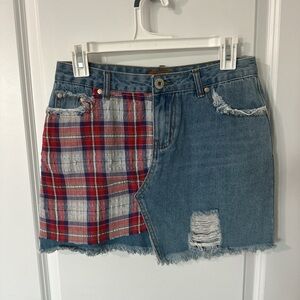 POL Red Plaid and Denim Mini Skirt